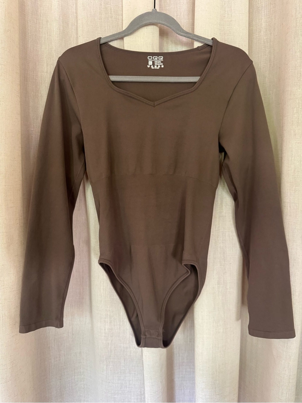 OQQ Long Sleeve Bodysuit in Chocolate Brown Tummy Control Shapewear Size XL